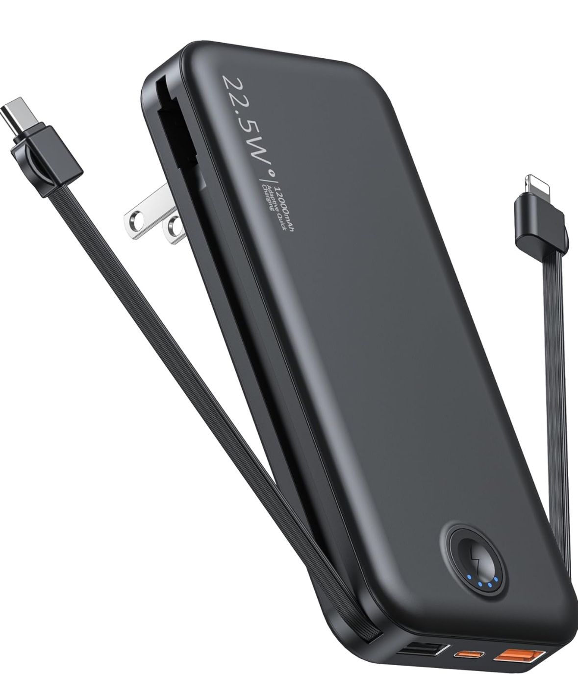 Portable Charger with Built in Cable and AC Wall Plug, USB C Power Bank 12000mAh 22.5W Super Fast Charging, Lightweight Portable Phone Charger Travel