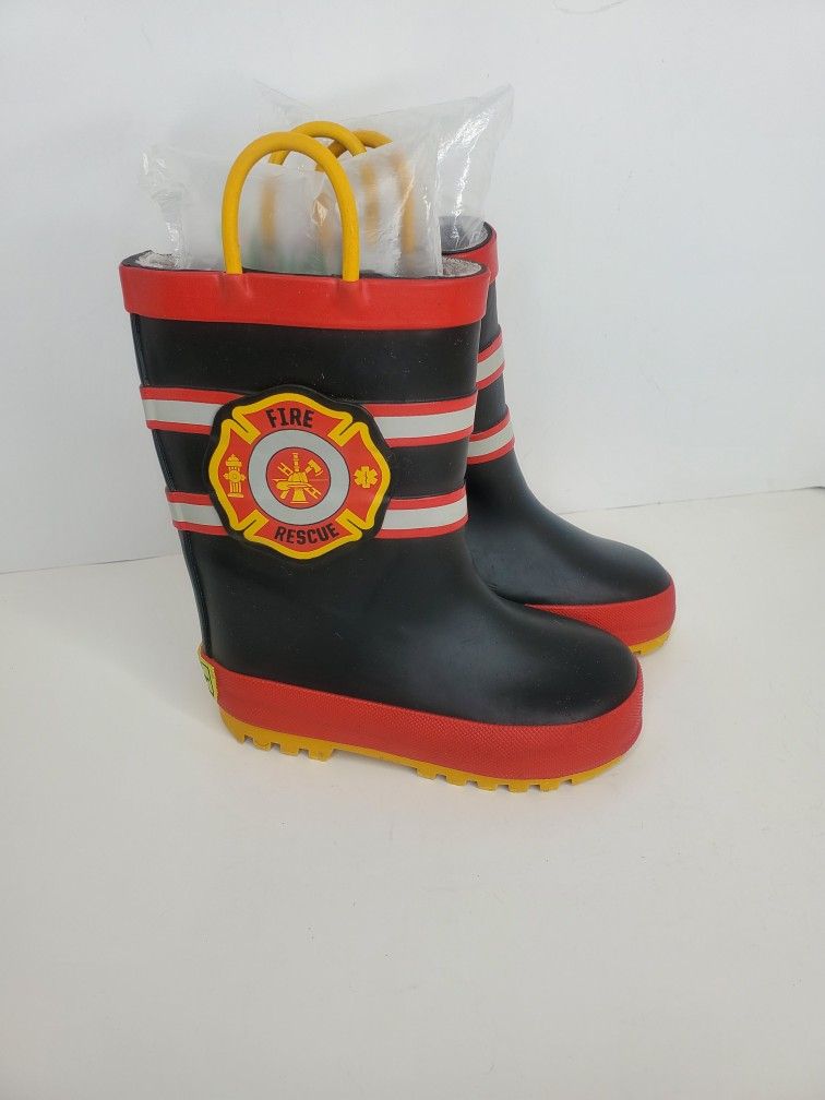 Western Chief Boys Fireman Waterproof Rubber Rain Boots Black Red Yellow Sz. 7/8