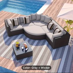 7-piece Outdoor Wicker Sofa Set, Rattan Sofa Lounger, With Striped Green Pillows, Conversation Sofa, For Patio, Garden, Deck, Black Wicker, Gray Cushi