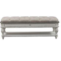 Farmhouse Upholstered Bench White Wooden Tufted Seat Entryway Bedroom Bench