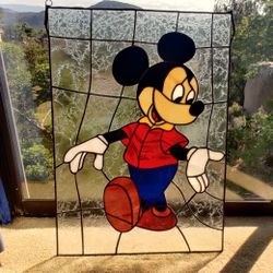 Vintage Mickey Mouse Stained Glass Leaded Panel 17.5" X 25"