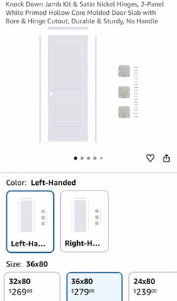 JUBEST 36"x80" Left-Hand Prehung Interior Door with Knock Down Jamb Kit & Satin Nickel Hinges, 2-Panel White Primed Hollow Core Molded Door Slab with 