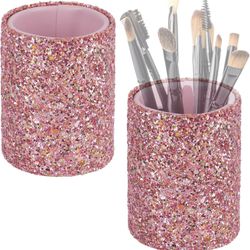 New! Set of 2 Pink Glitter PU Leather  Holder for Makeup Brushes, Eyeglasses, Pens and More!