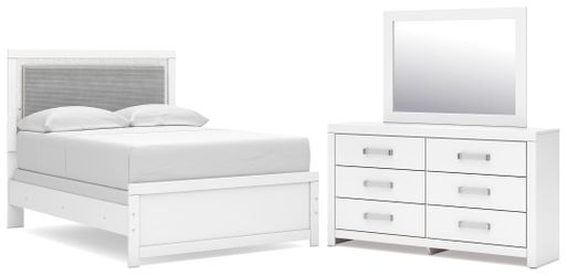 Maeling White Full Upholstered Panel Bed, Dresser and Mirror