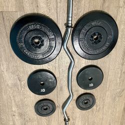 Standard Curl Bar With Pairs Of 25s, 10s And 5s. (Total: 94 lbs)