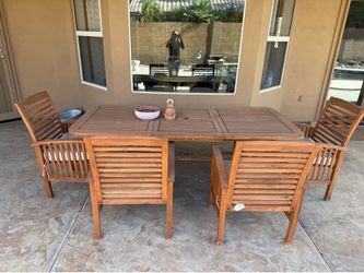 Walker Edison Maui Modern 6 Piece Solid Acacia Wood Slatted Outdoor Dining Set, Set of 6, Brown