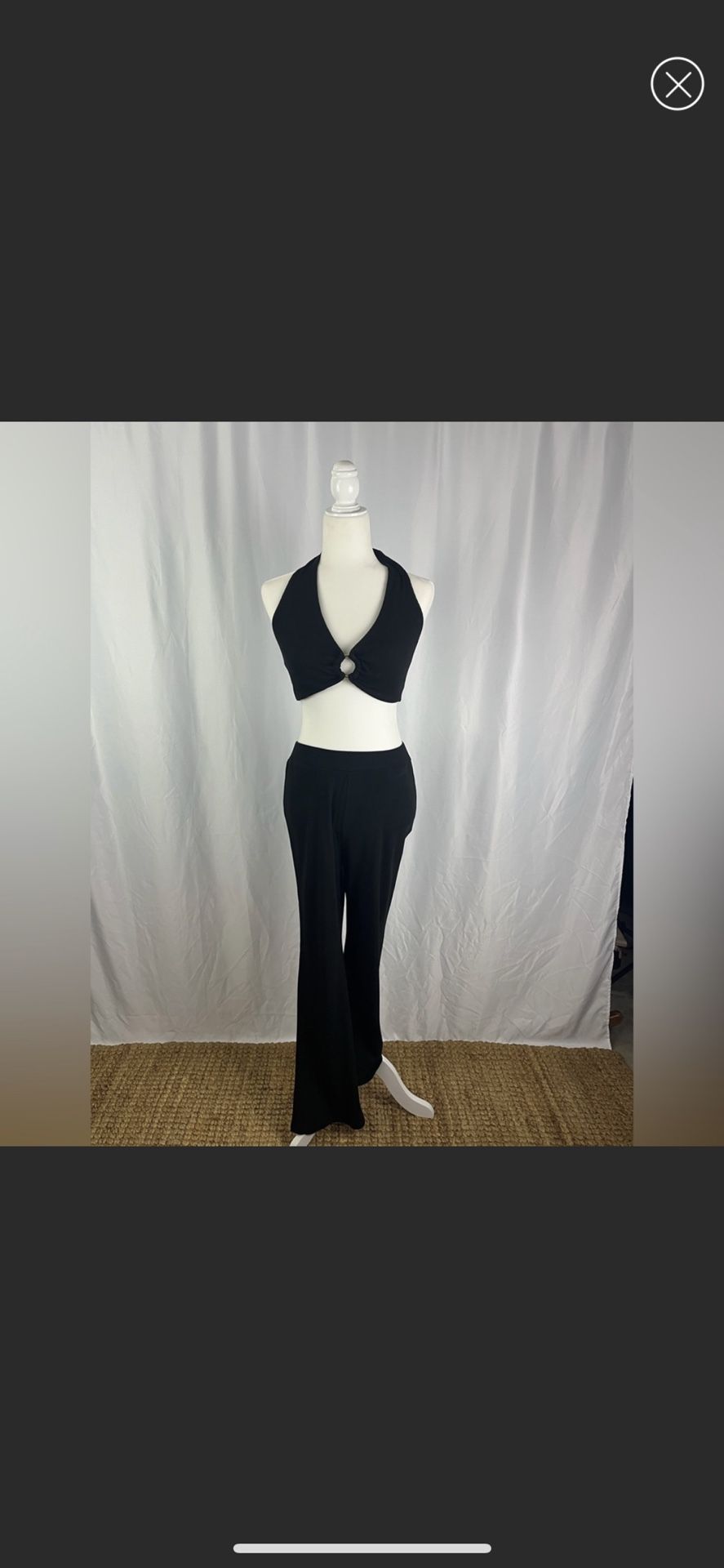 Black two piece halter top ribbed pants set yoga lounge wear