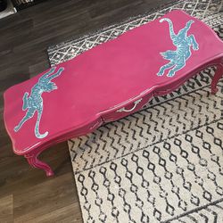 Hot Pink Antique Coffee Table With Hand Painted Tigers
