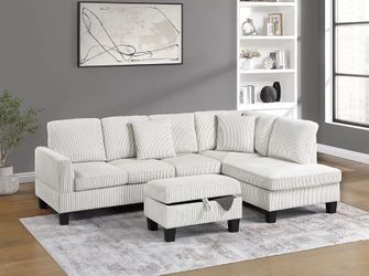 3-Piece Sectional Set W/ Ottoman RAF Chaise + LAF Sofa + Storage Ottoman - Beige