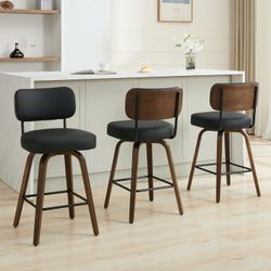 Swivel Bar Stools Set of 3, 26" Upholstered Counter Height Bar Stools with Back and Walnut Wood Legs, Faux Leather Barstools for Kitchen Counter, Blac