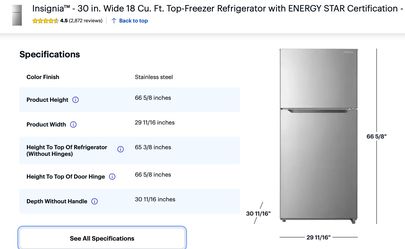 Like New Stainless Steel Insignia 30"w 18 Cu. Ft. Top-Freezer Refrigerator with ENERGY STAR Certify