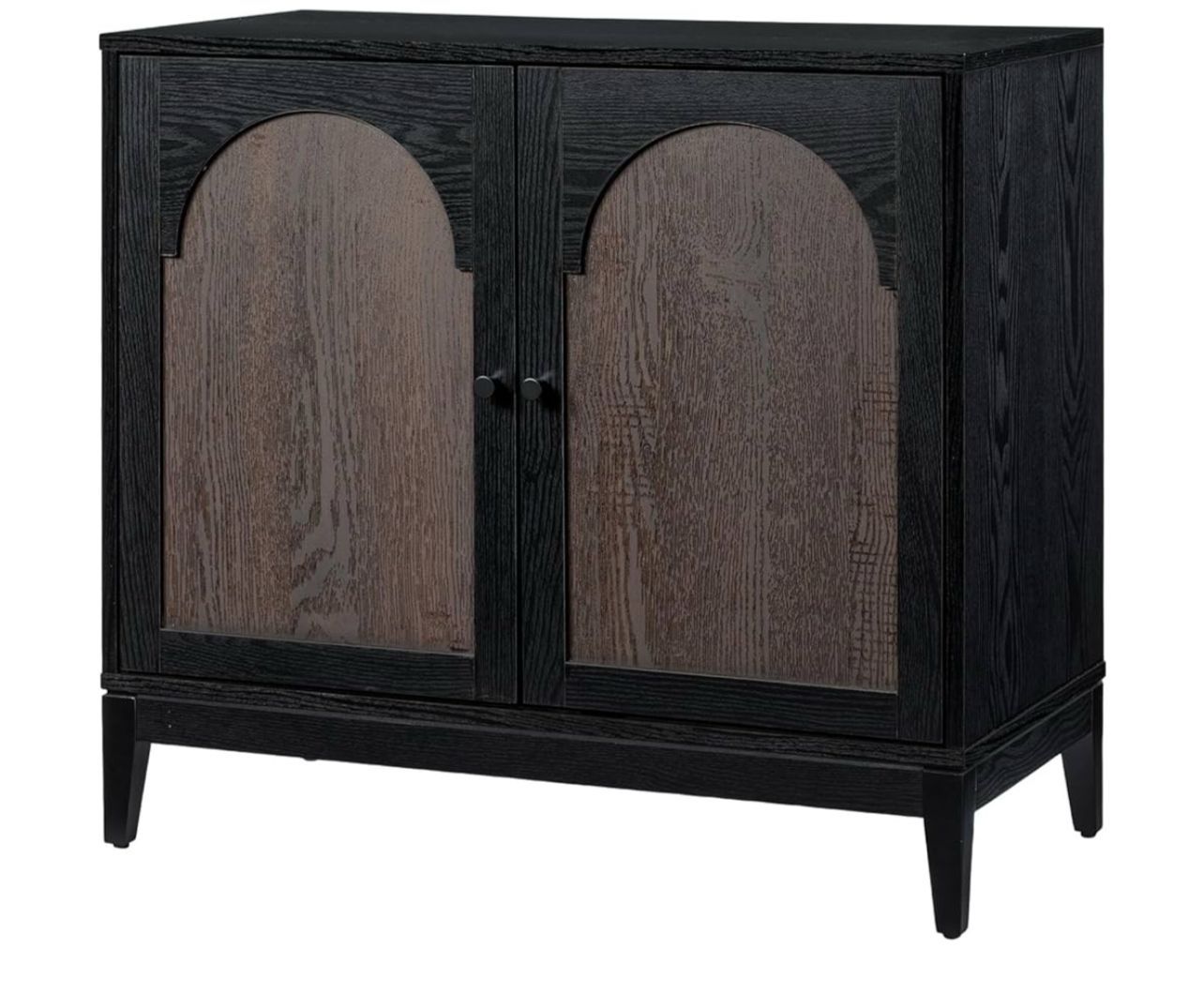 Brand New In The Box- Sango Arch 2-Door Accent Cabinet – Modern Black & Brown Storage Cabinet with Elegant Arched Doors, Adjustable Shelf, Sturdy Soli