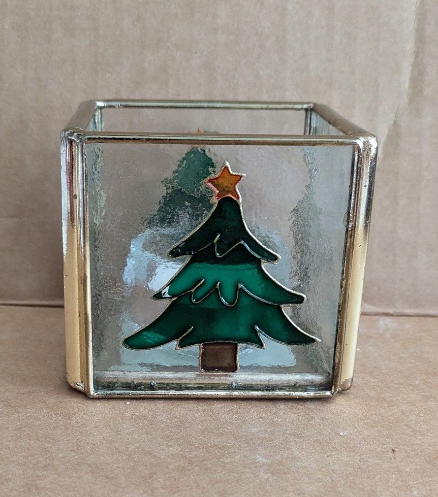 Candle Holder Christmas Tree Tea Light Candle Holder Rustic Metal Frosted Glass Vintage