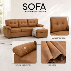 88.5 Convertible L-Shaped Pull-Out Sectional Sofa Bed with Storage Chaise,and Soft and Soft Padded Armrests