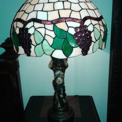 Antique Large Cherub Lamp Circa 1920's Enamel Over Brass Poly Chrome Dual Sockets Stained Glass Lamp Shade