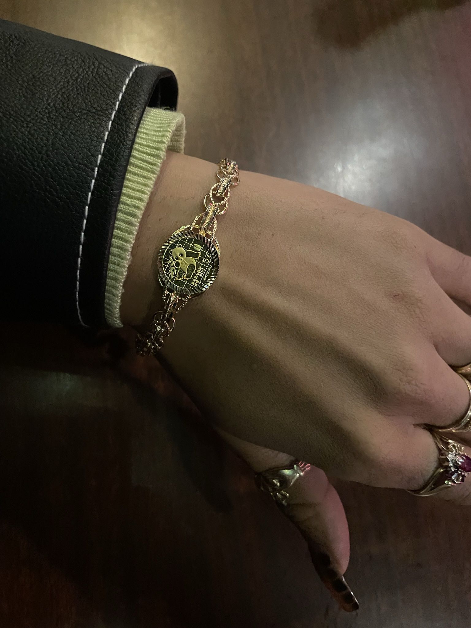 1 of 1 Custom 14k Solid Gold Bracelet w/ 24k Gold 1/20 5 Yuan Panda Coin