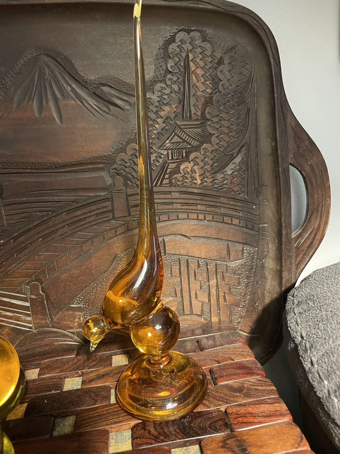Mid-Century Viking Epic line amber art glass long tail bird.  