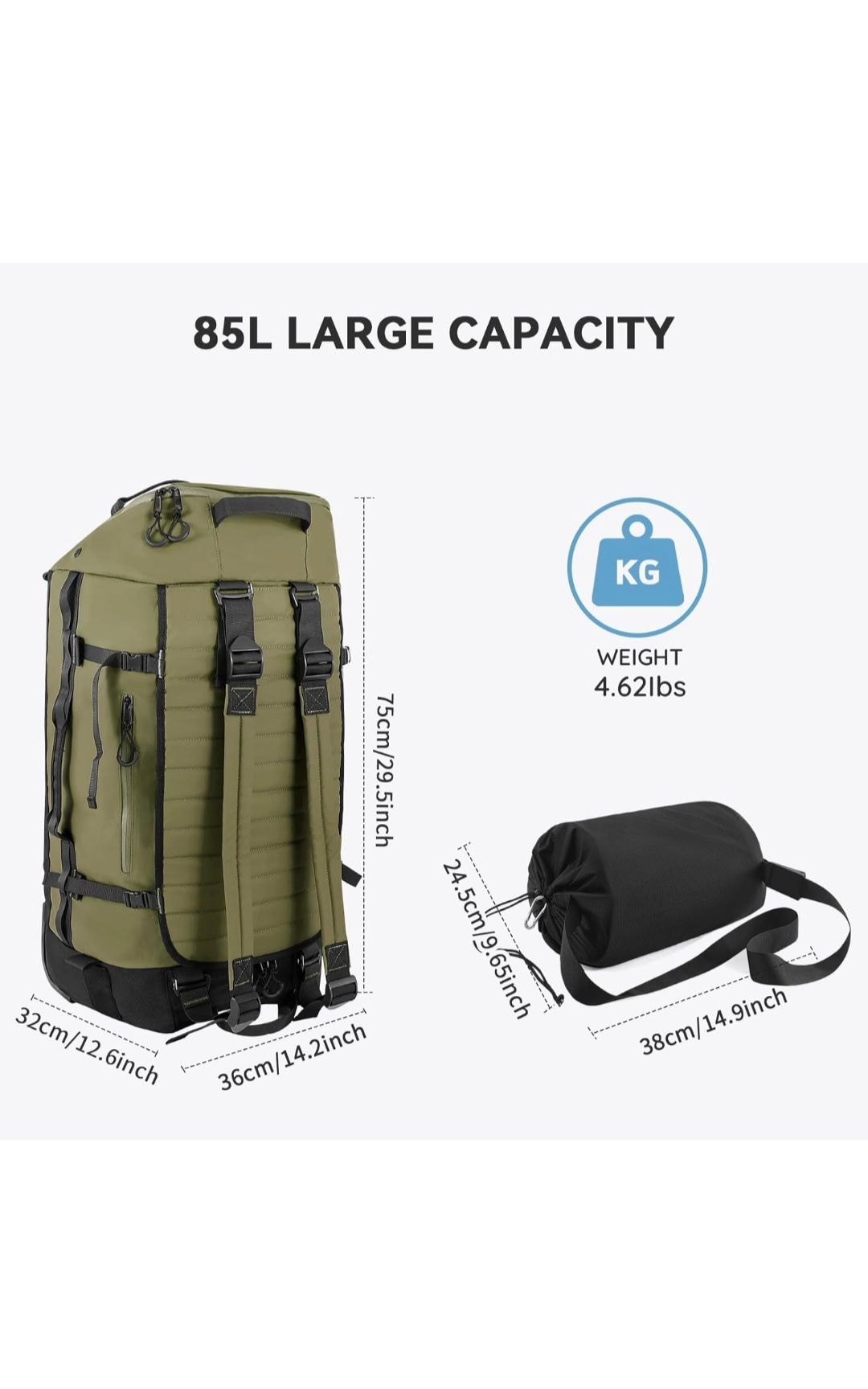 Luggage. 85L 29“ Foldable Rolling Backpack with Wheels, Soft-side Travel Duffle Bag with Separate Shoe Compartment, Full Quilted Bottom,Army Green