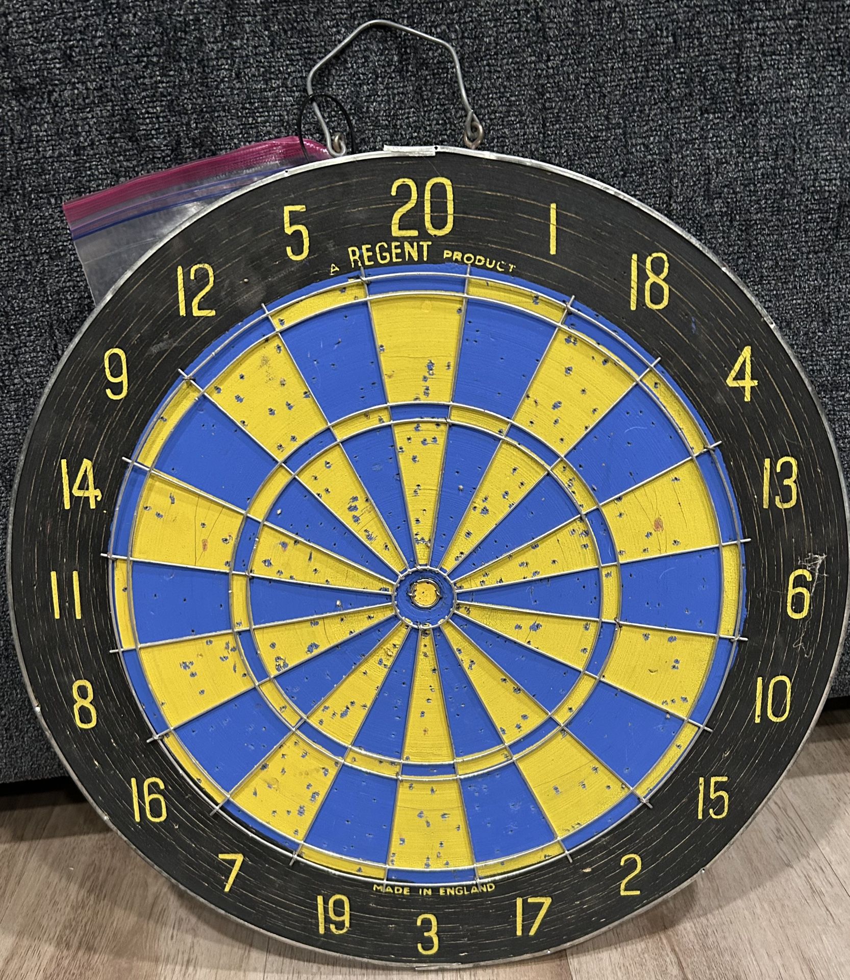 Antique ‘Regent’ wood & metal double-sided dart board with darts