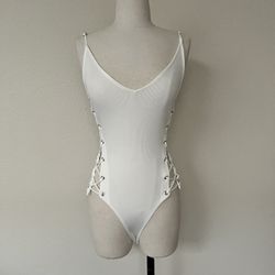 Forever 21 White Ribbed Lace-up Bodysuit, Size Small