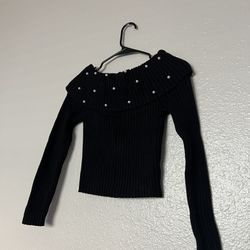 Black Off The Shoulder Sweater With Pearls