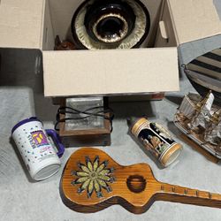 Box of vintage goodies. Includes  strobe light stein, Pfaltzgraff Drip Glazed Heavy Ceramic, etc