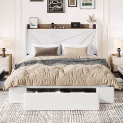 Queen size velvet upholstered bed frame with charging station and 3 storage drawers