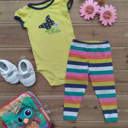 12MOS 2-PIECE OUTFIT BRIGHT YELLOW 'SOCIAL BUTTERFLY'  BODYSUIT W/MULITICOLOR STRIPED LEGGINGS 