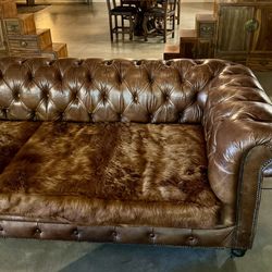 Custom Restoration Hardware Leather Couch With Fur Cushions