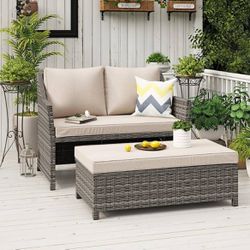 OC Orange-Casual 2-Piece Outdoor Patio Furniture Wicker Love-seat and Coffee Table Set, with Built-in Storage Bin, Grey Rattan, Beige Cushions