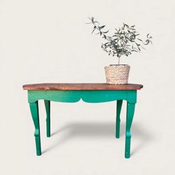 Antique 1928 Scallop Wood Table End Side Accent Coffee Rustic Primitive Green French Country Vintage