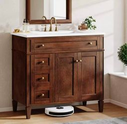 LD0086-YN 36 in. Single Sink Freestanding Brown Bath Vanity with White Ceramic Top Unassembled