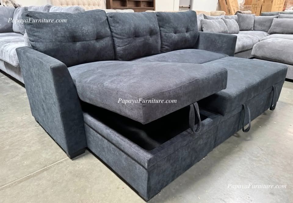 NEW Navy Black Fabric Sectional Sofa with Storage Chaise and Pullout Sleeper Bed and Set Convertible Pull out Furniture Warehouse Big SALE Discount
