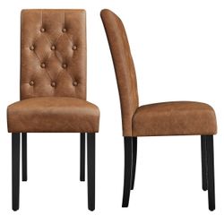 Set of 2 Modern Faux Leather Dining Chairs with Solid Wood Legs and Button Tufted Cushioning for Home Kitchen, Retro Brown 