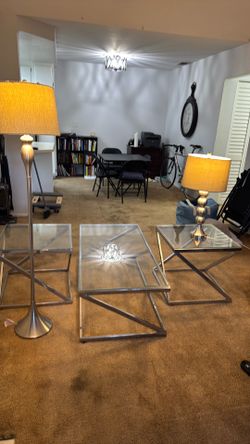 Modern Glass Coffee Table, 2 End Tables & 2 Lamps