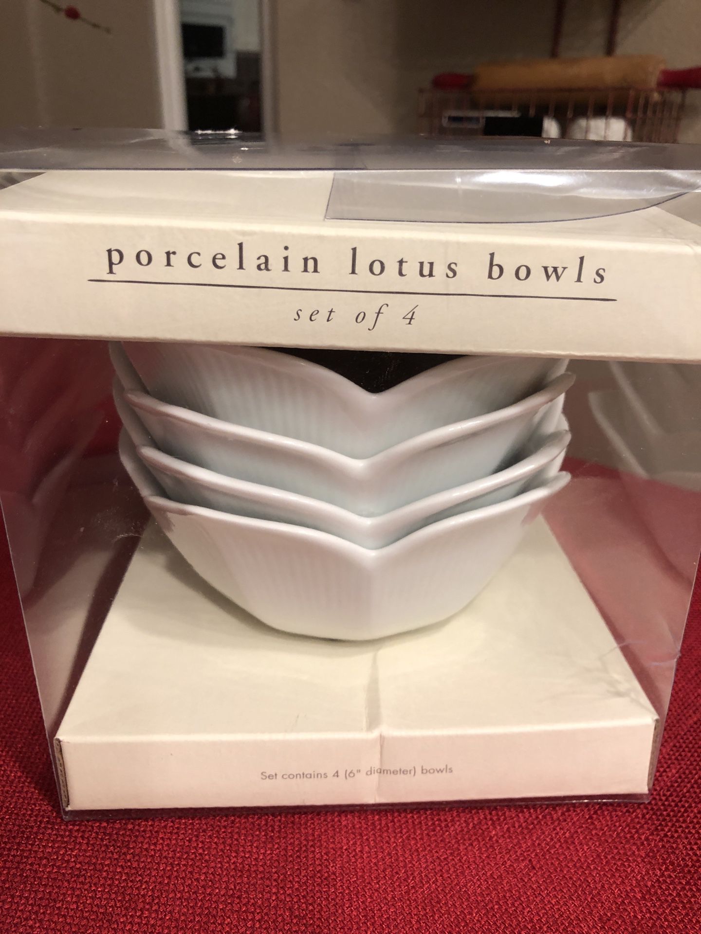 4 New Pier 1 imports porcelain Lotus bowls, 6” diameter bowls