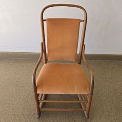 1970s Bentwood Rocking Chair Shaker Style Padded Gold Fabric Seat & Back Vintage