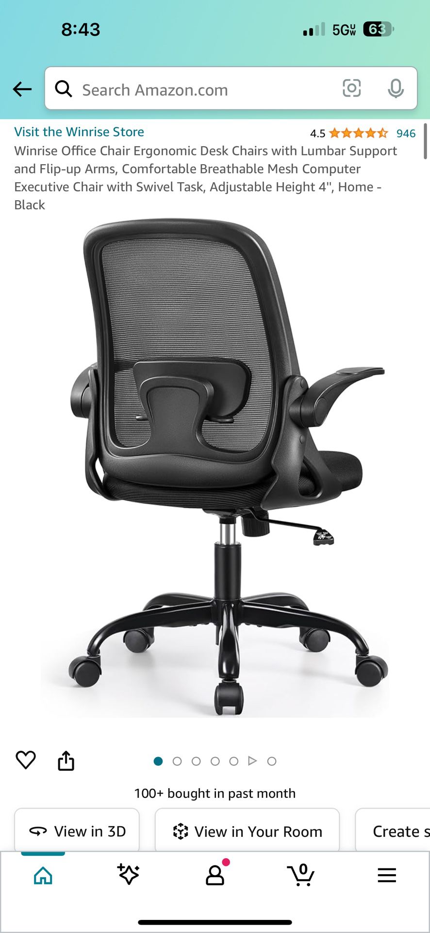 Brand New Black Mesh Back  Ergonomic Office Chair w/Flip Up Armrests & Adjustable Padded Lumbar Support 