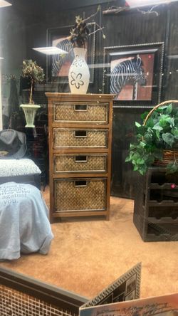 4-Drawer Wicker and Wood Chest