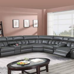 Brand New Grey Leather Reclining Sectional Sofa