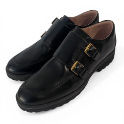 Size 9.5 Cole Haan Black Leather Double Monk Flats with Gold Buckles