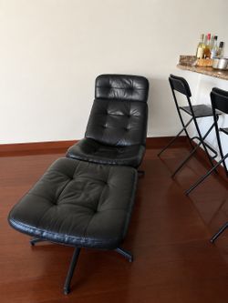 Modern Black Leather Lounge Chair with Matching Ottoman