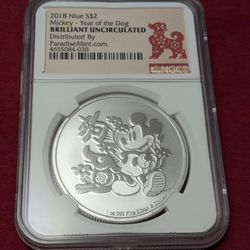 2018 Niue Mickey 1oz. Silver  .999 ~ Year Of The Dog ~ NGC Brilliant Unc.