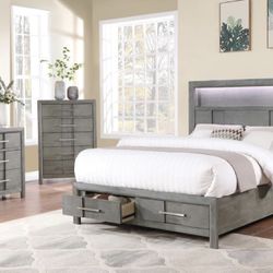 Wood Bedroom Set w/LED Headboard & Bluetooth Speakers 