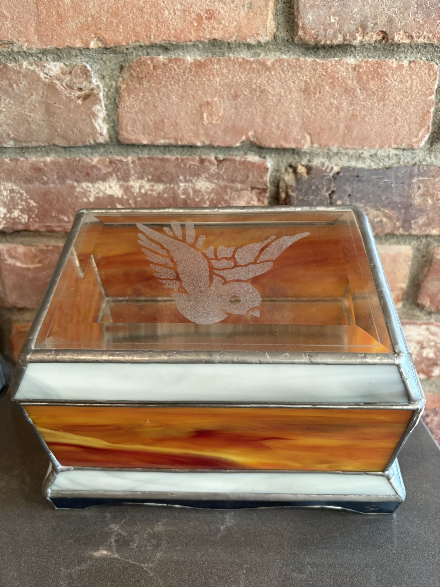 Vintage Stain Etched Glass Trinket Box