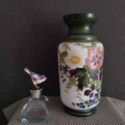 Antique Victorian Glass Vase And Clear Glass Bottle 