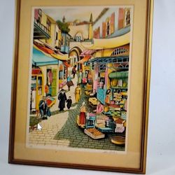 Signed Jerusalem Market Painting 35"X27" Framed