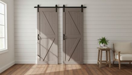 Delivery Available! $125 each! Two 80x34” Wooden Rustic Grey Finished Sliding Barn Doors! Good condition! One has some wear on wood near back bolts se