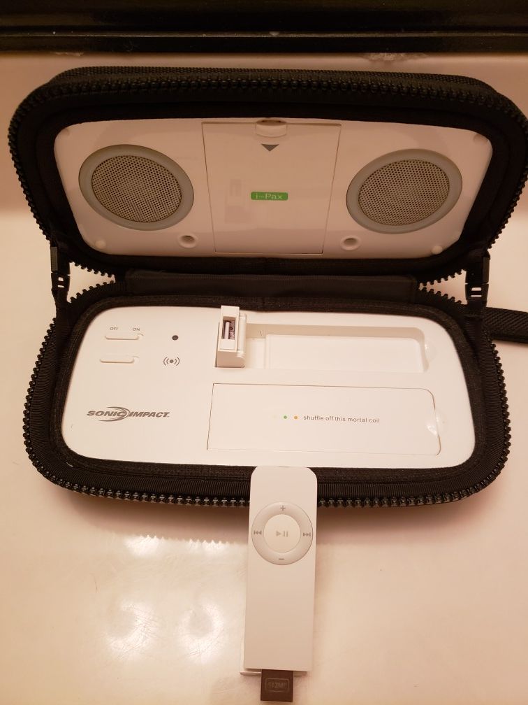 Original I-pod Shuffle & Sonic Impact iPax Portable Speaker System # 5087