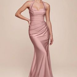 AUTUMN GOWN - STRETCH SPANDEX SATIN HALTER FITTED DRESS